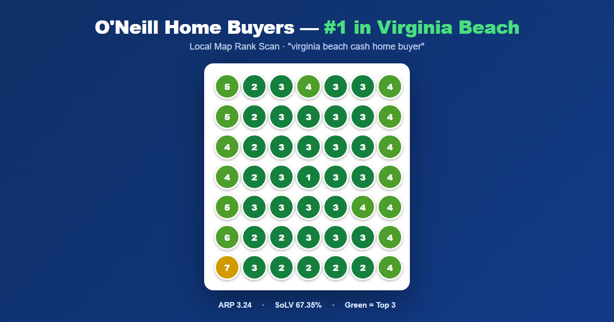 Local map rank grid showing O'Neill Home Buyers ranking #1 for cash home buyers in Virginia Beach