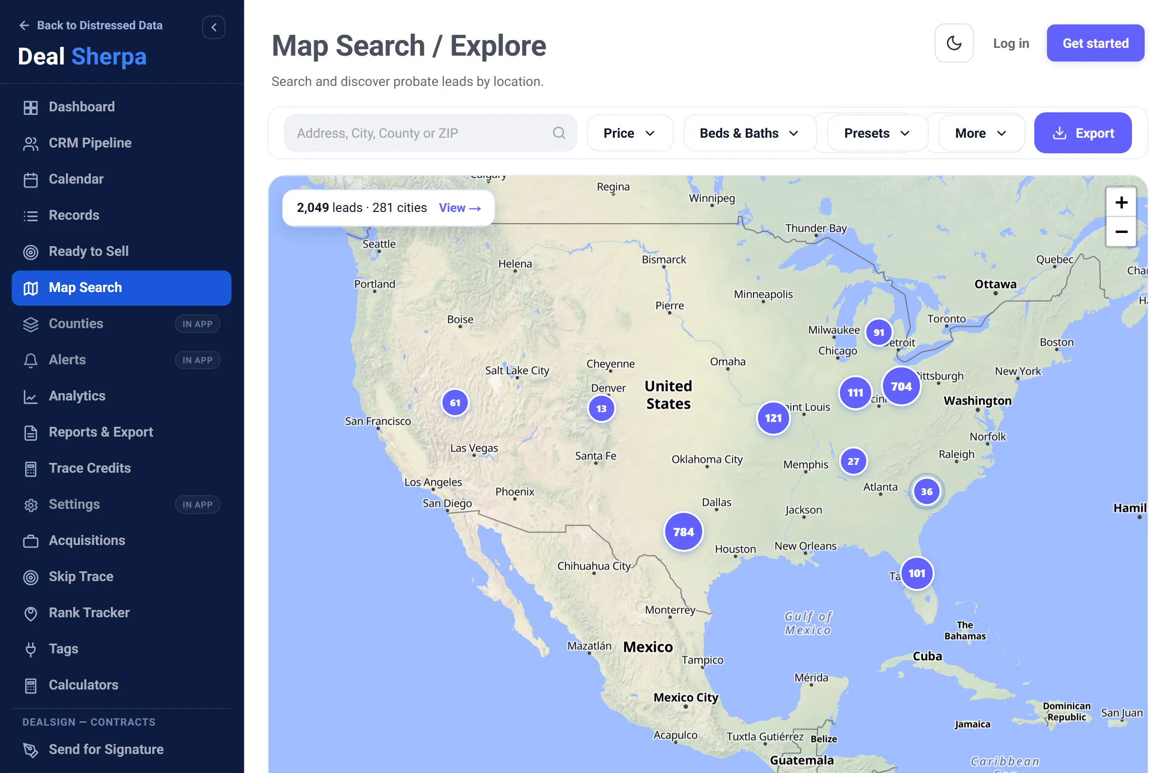 The Map Search screen: a street map of the United States with lead counts by market (Texas, Ohio, Florida, St. Louis and more), a search box, price and beds-and-baths filters, presets and an export button, beside the app's navigation